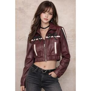 NWT Project Rebel Burgundy Faux Leather Bow Jacket Size L Cropped Moto